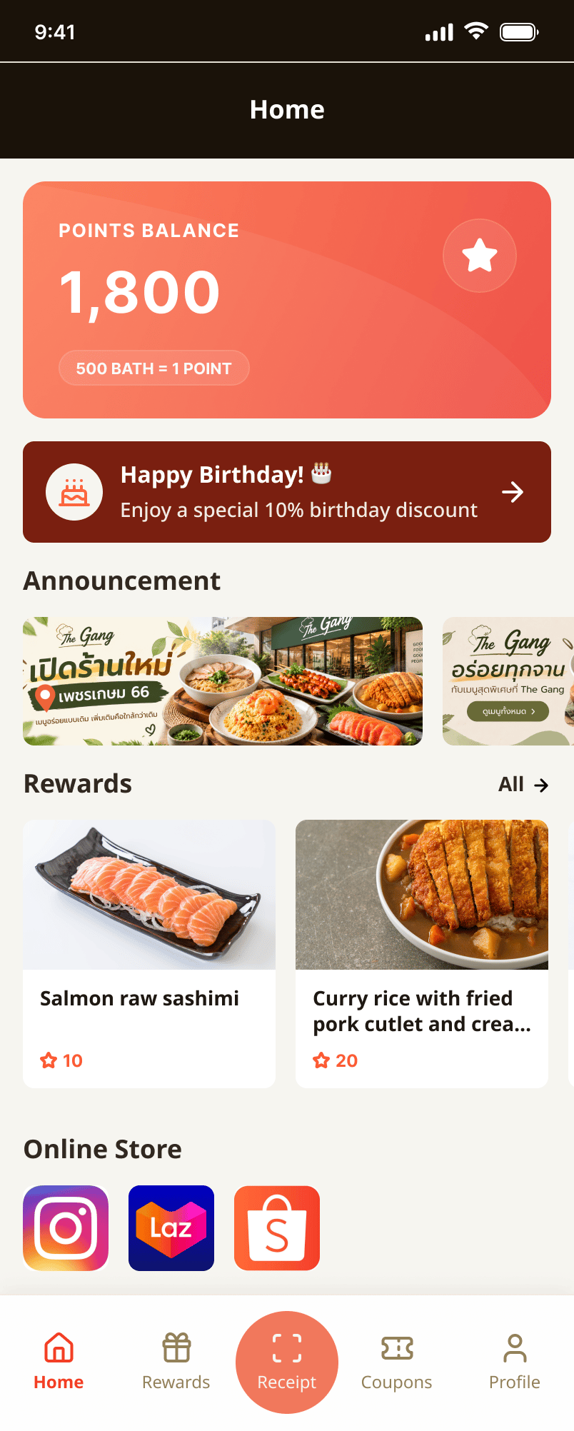 Customer app home screen with points balance and announcements